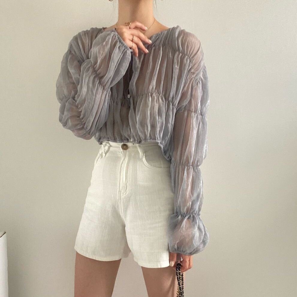 溫柔皺褶透膚感上衣 - TWINKLE