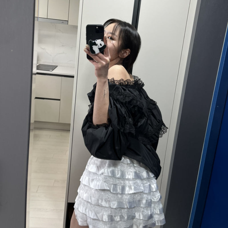 女人味露肩皺褶上衣 - TWINKLE