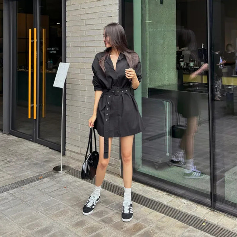 顯瘦腰帶襯衫領洋裝