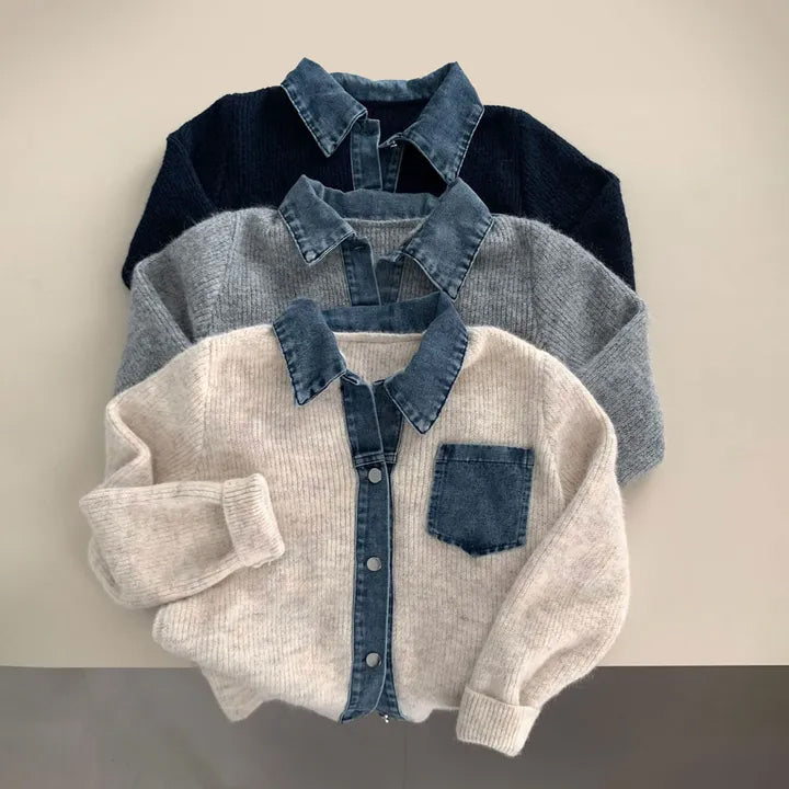 牛仔拼接針織上衣