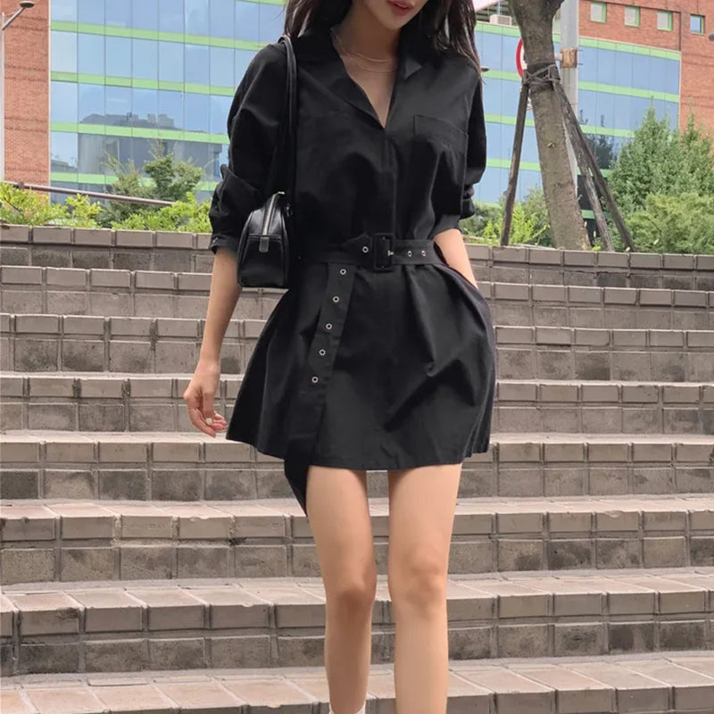 顯瘦腰帶襯衫領洋裝
