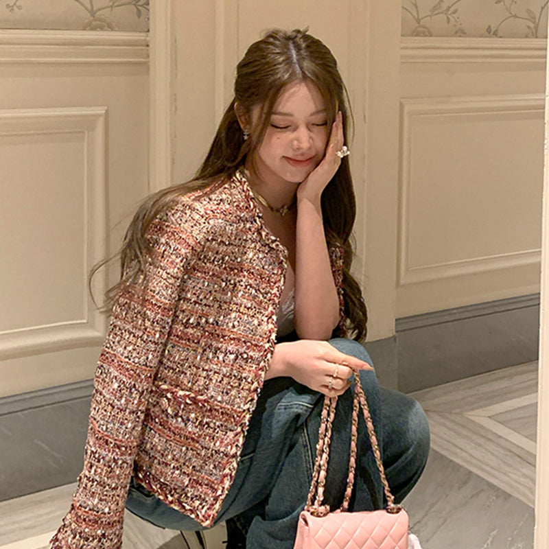 名媛高級感亮絲編織毛呢外套