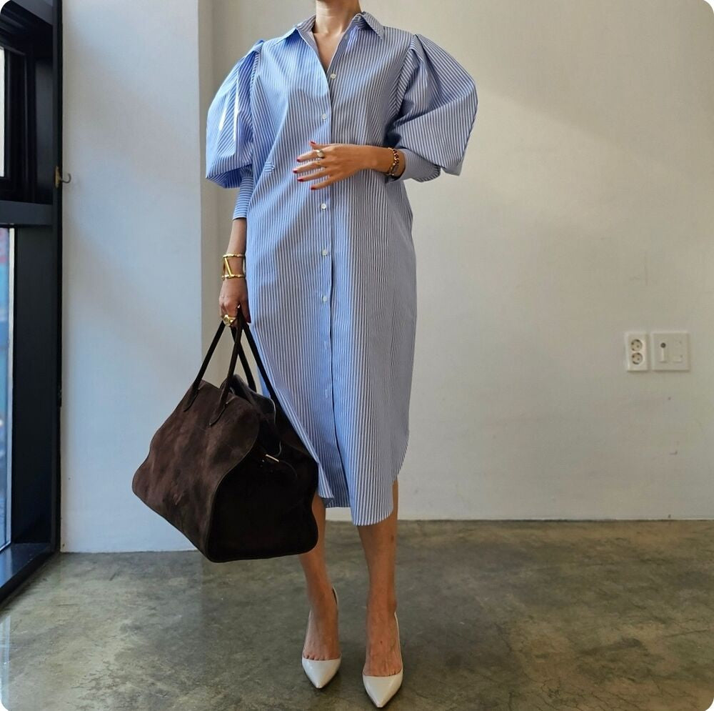 大澎袖抓腰顯瘦襯衫式洋裝