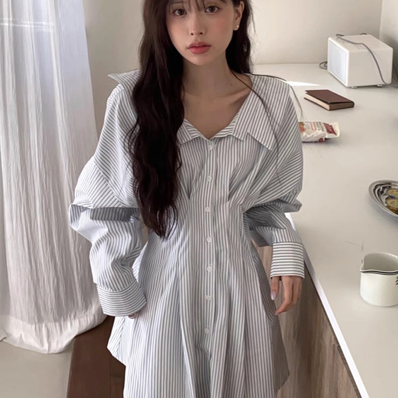 顯瘦大翻領收腰條紋洋裝