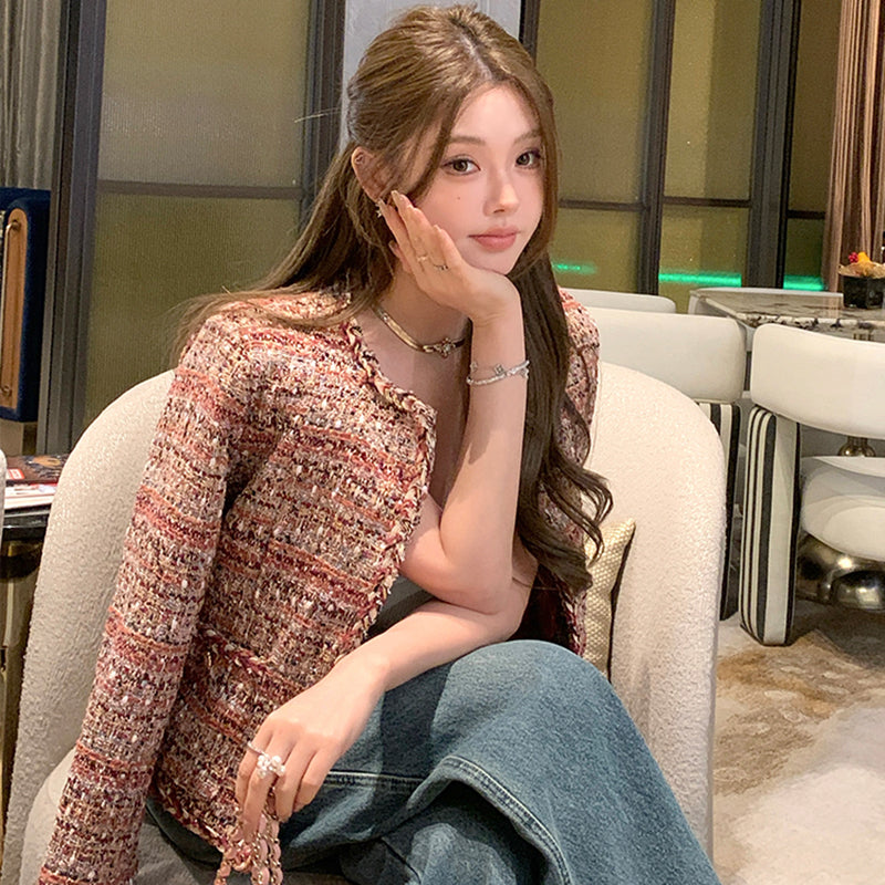 名媛高級感亮絲編織毛呢外套