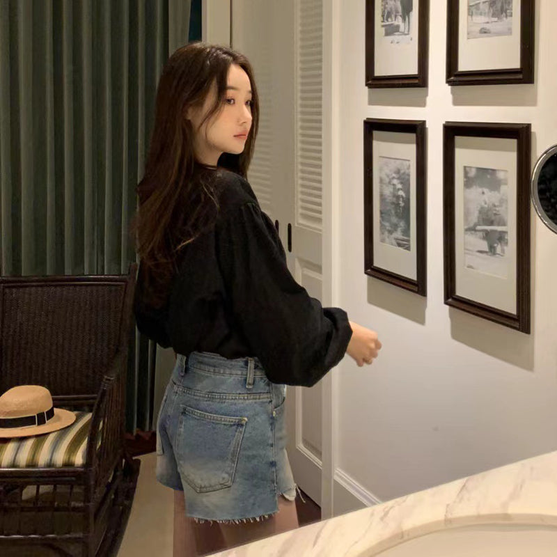 氣質V領泡泡袖娃娃襯衫