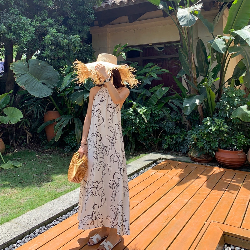 高雅印花微露背度假洋裝