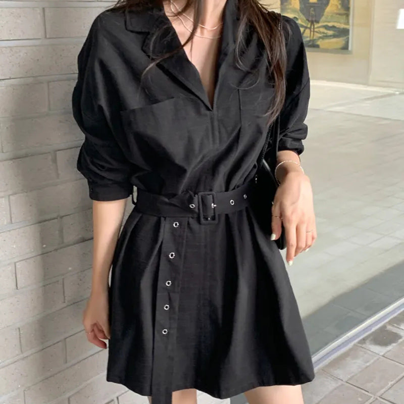顯瘦腰帶襯衫領洋裝