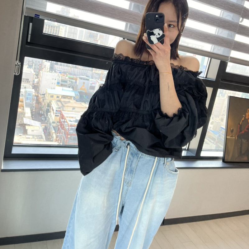 女人味露肩皺褶上衣 - TWINKLE