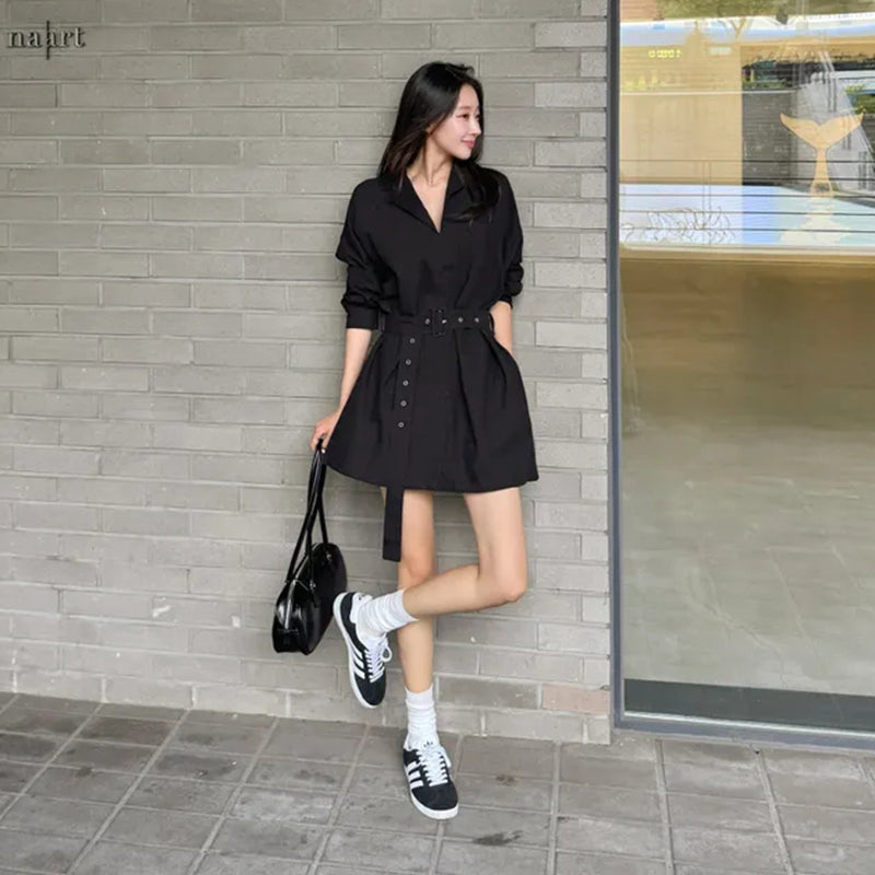 顯瘦腰帶襯衫領洋裝