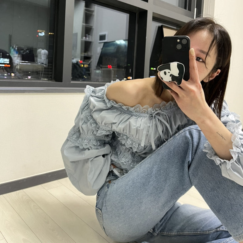 女人味露肩皺褶上衣 - TWINKLE