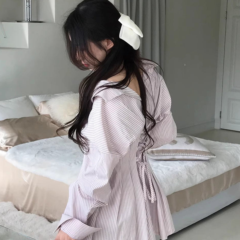 顯瘦大翻領收腰條紋洋裝