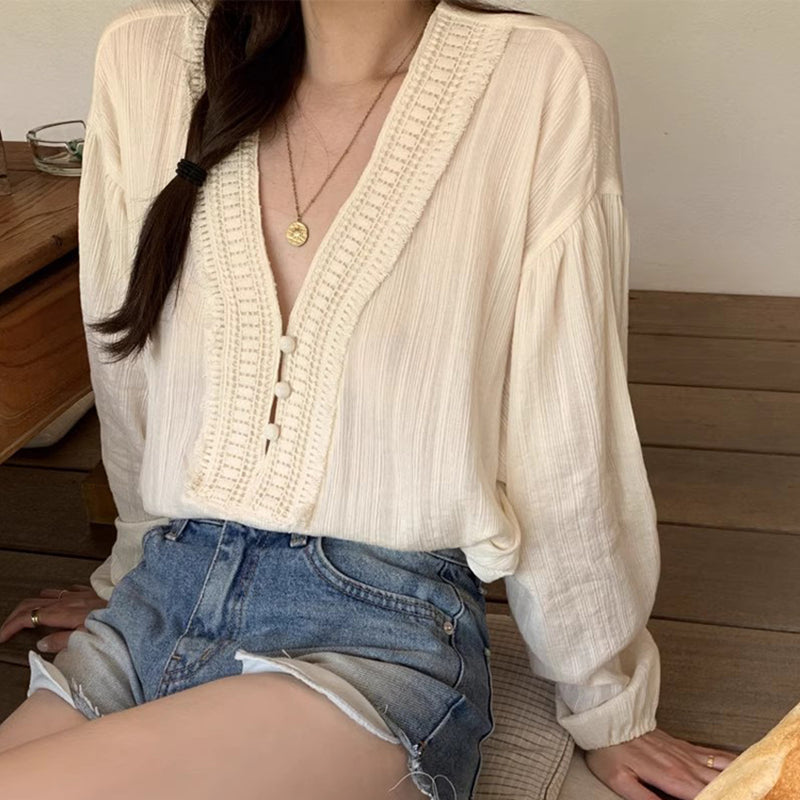 氣質V領泡泡袖娃娃襯衫