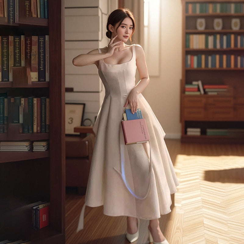 赫本風高級絲亮光澤感方領澎裙洋裝