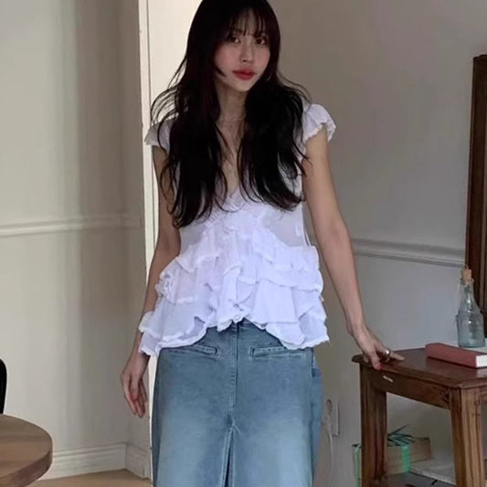 深V甜美荷葉上衣