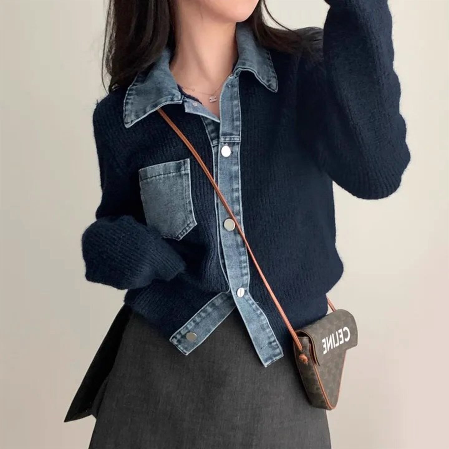 牛仔拼接針織上衣