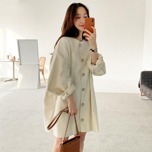 寬鬆溫柔鈕扣泡泡袖洋裝