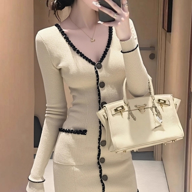 小香風氣質V領排扣針織洋裝