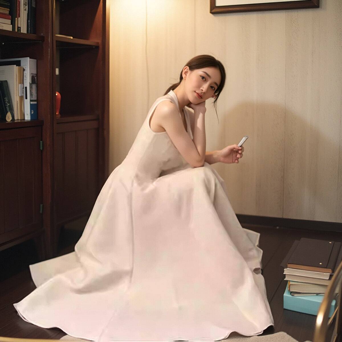 赫本風高級絲亮光澤感方領澎裙洋裝