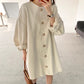 寬鬆溫柔鈕扣泡泡袖洋裝