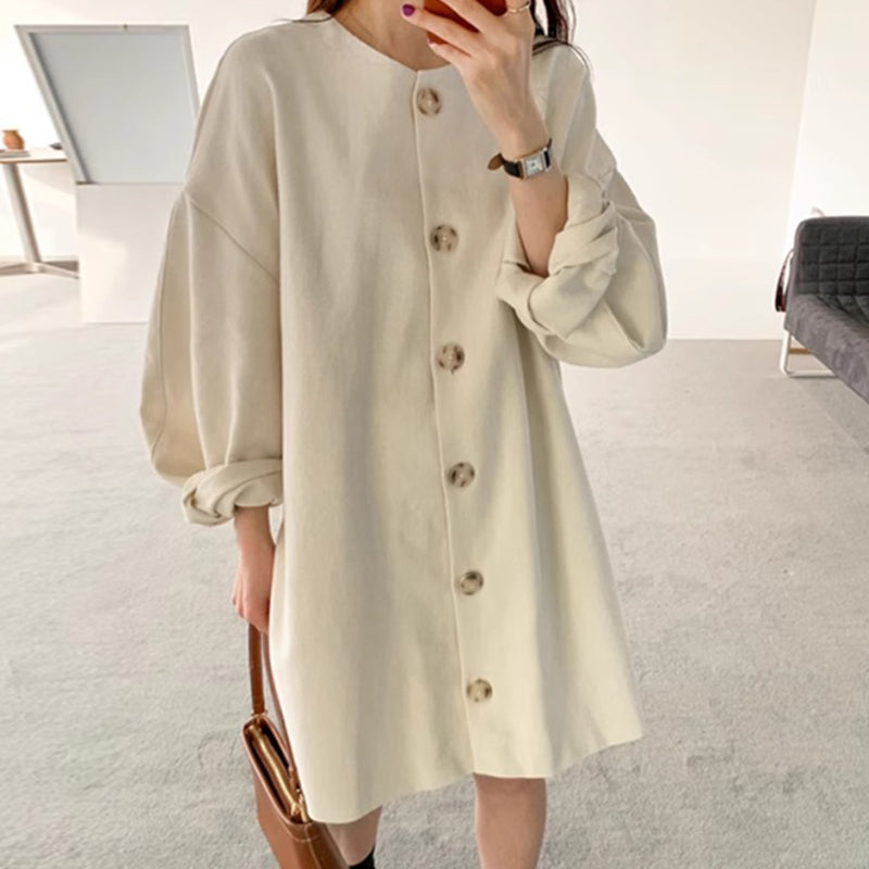 寬鬆溫柔鈕扣泡泡袖洋裝