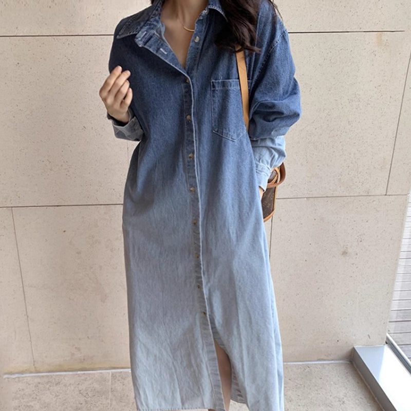 牛仔漸層襯衫式洋裝