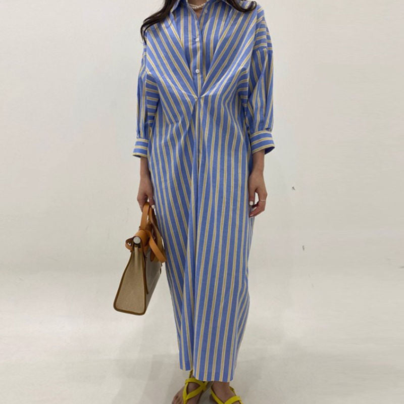 氣質女神撞色條紋壓褶洋裝