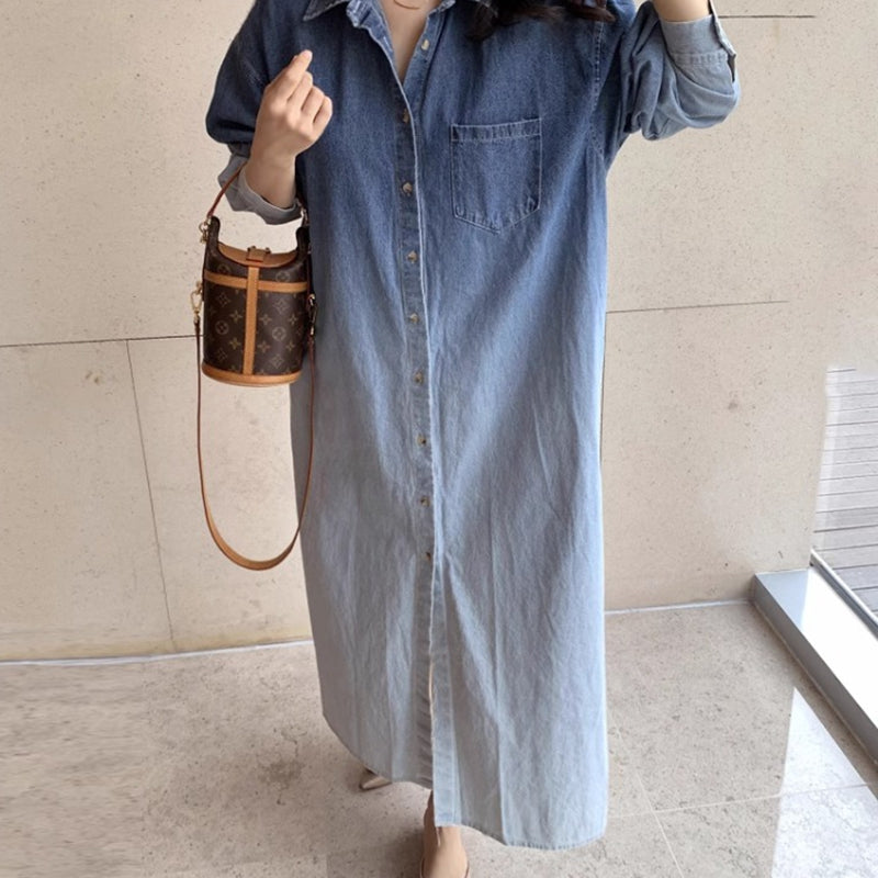 牛仔漸層襯衫式洋裝