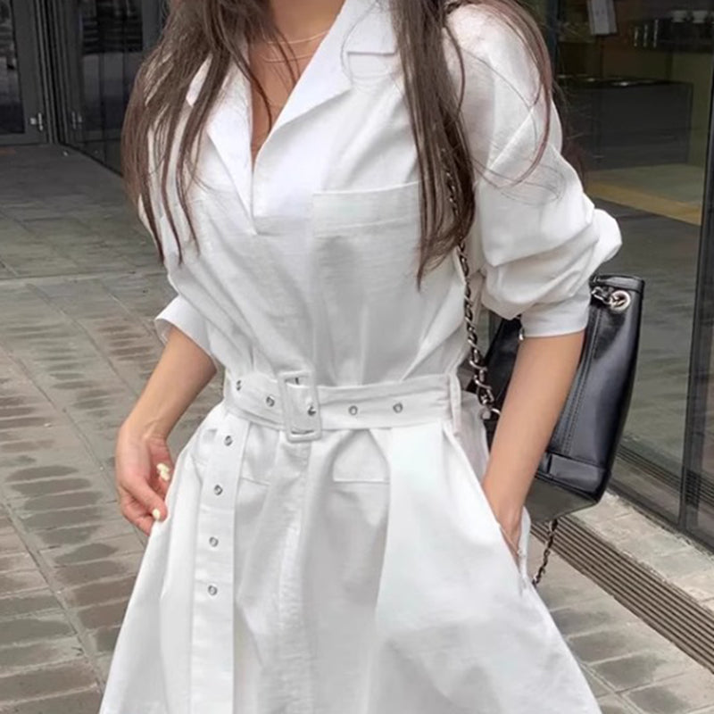 顯瘦腰帶襯衫領洋裝
