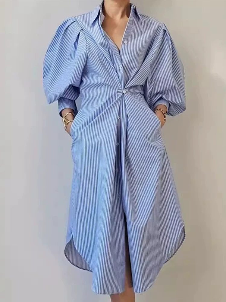 大澎袖抓腰顯瘦襯衫式洋裝