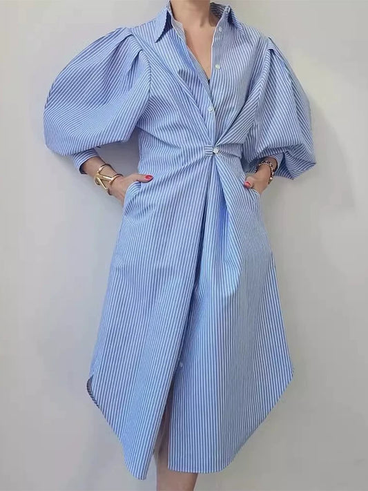 大澎袖抓腰顯瘦襯衫式洋裝