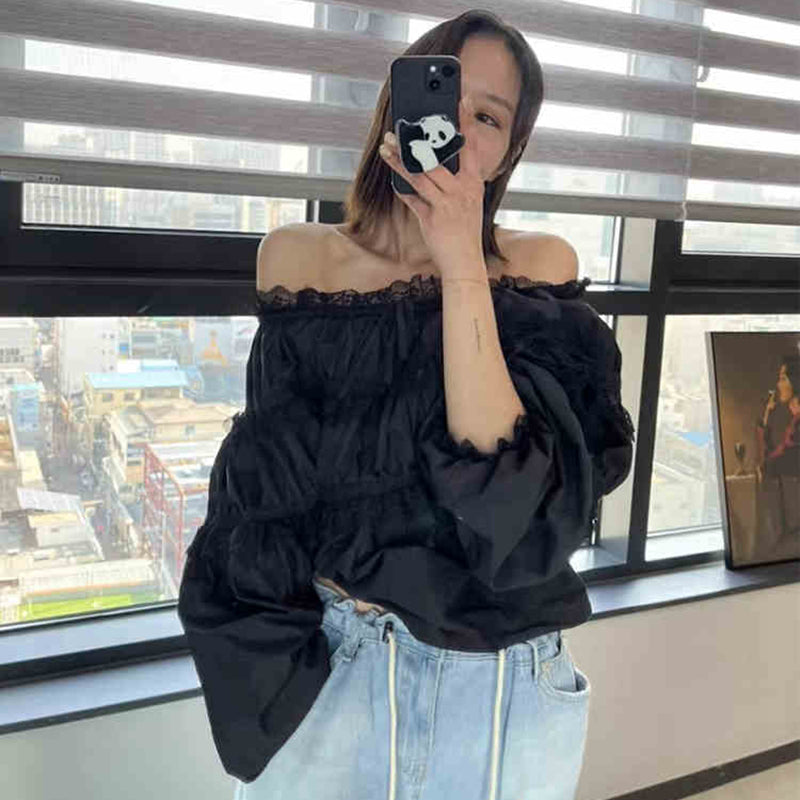 女人味露肩皺褶上衣 - TWINKLE