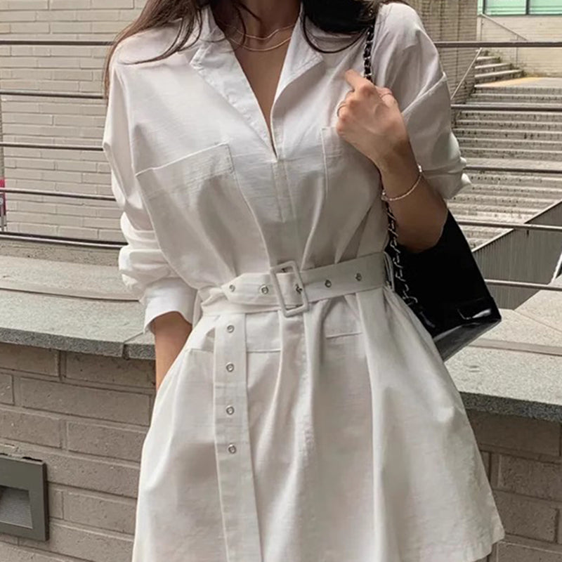 顯瘦腰帶襯衫領洋裝