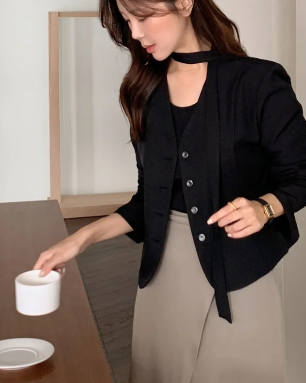 韓范系帶氣質西裝短外套