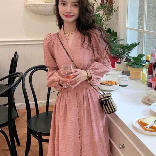 春天女神公主袖煙粉洋裝
