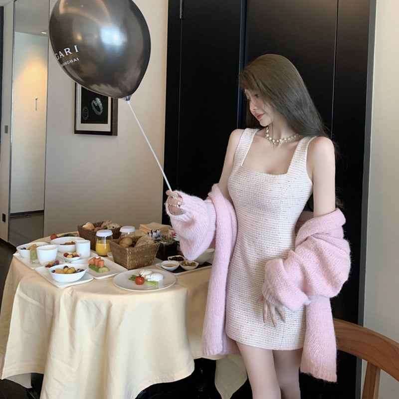 最愛儀式感方領甜美小香無袖洋裝+罩衫